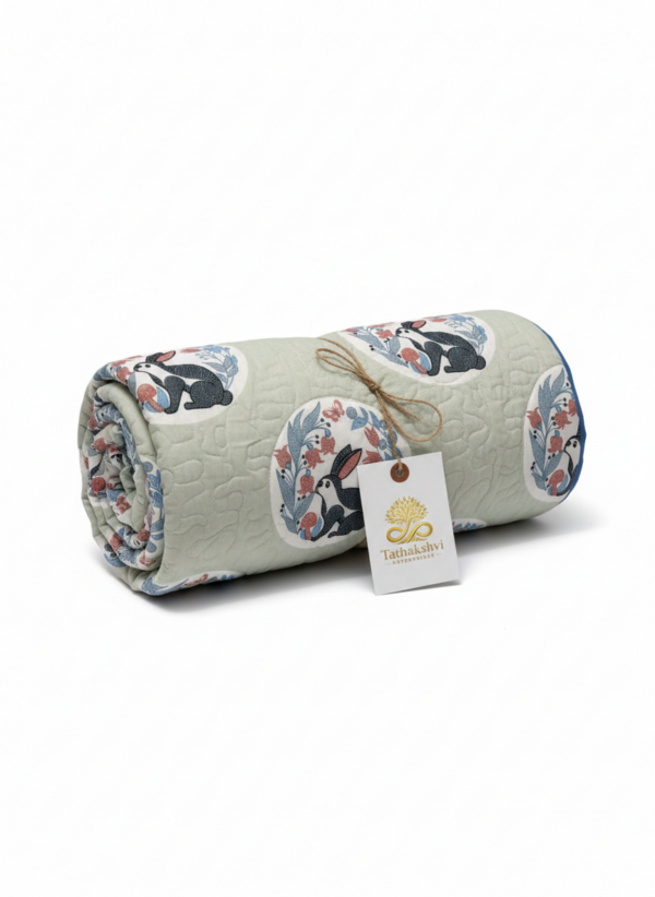 Bunny Blossom Reversible Sea Green Quilted Bedspread