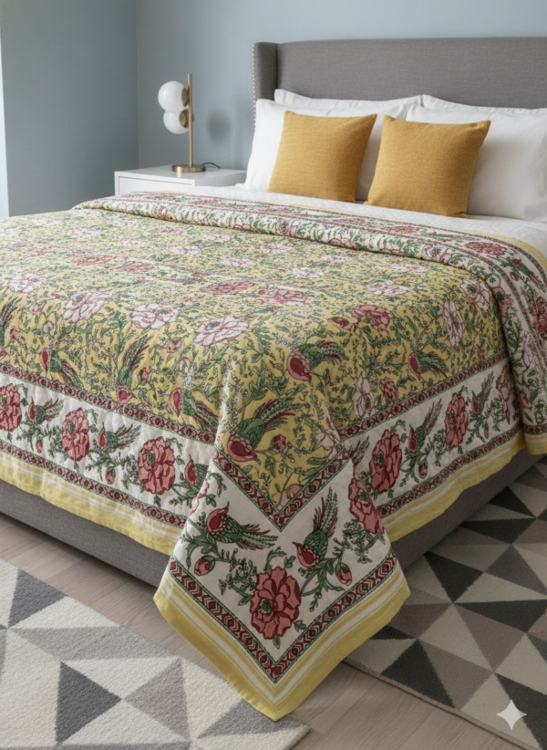 Saffron Peony & Songbird Reversible Quilt Cover